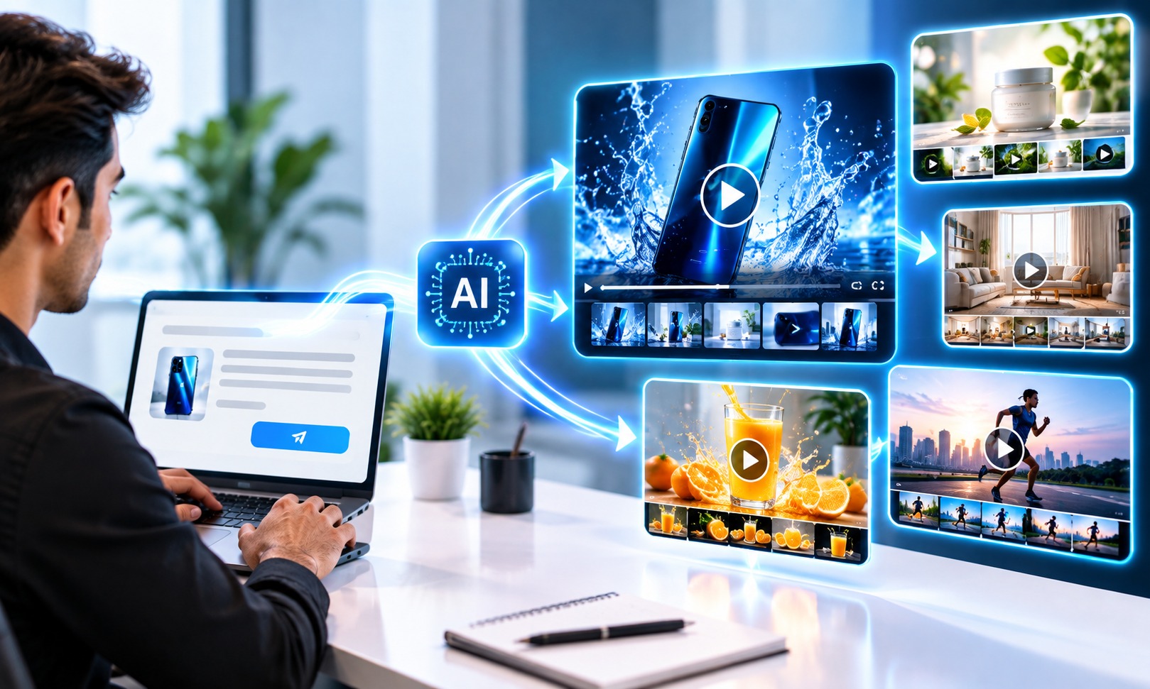 AI tools turning a customer product description into promotional video concepts