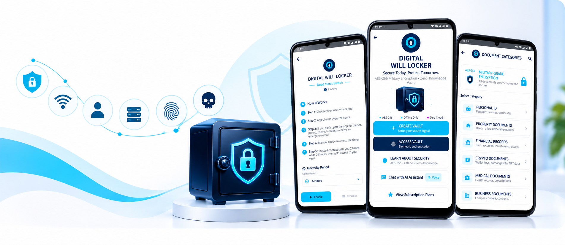 Digital Will Locker app screens and secure digital vault